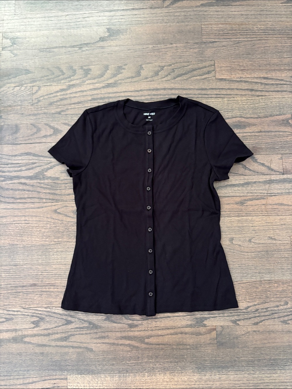 Nine West Black Short Sleeve Button-Front Top